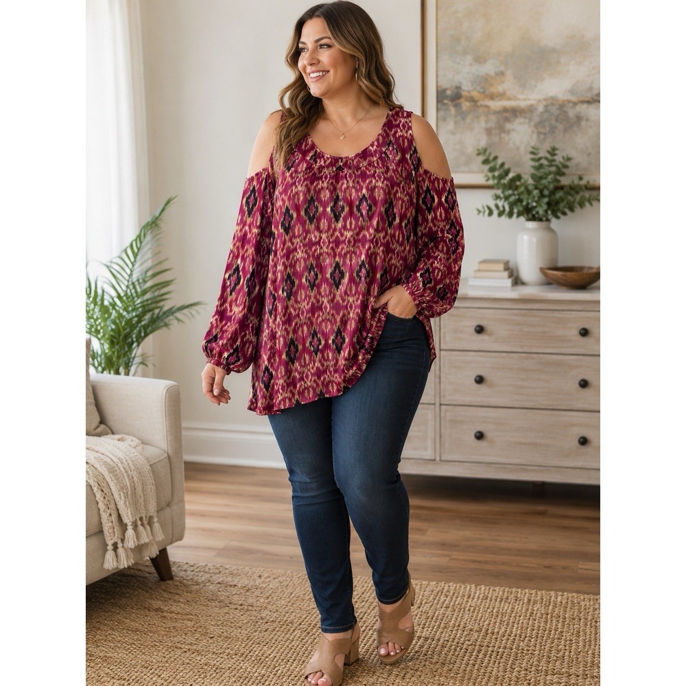 Lauren Ralph Lauren Women's 3X Cold Shoulder Blouse Pink Ikat Print Long Sleeve